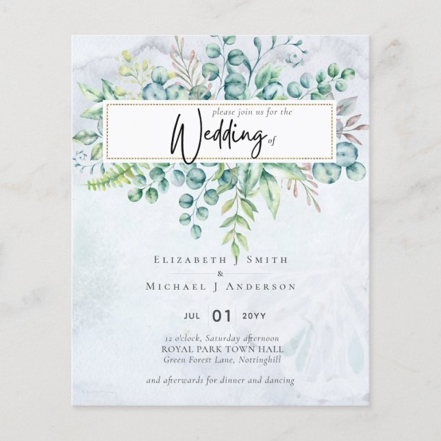 Simply Elegant Gray Blue Eucalyptus BUDGET Invite Flyer (Front)