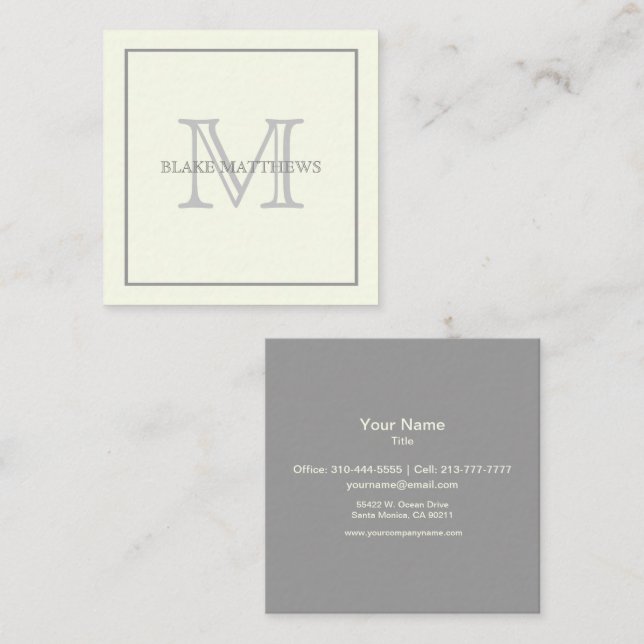 Simply Elegant Ivory Gray Custom Monogram Square Business Card (Front/Back)