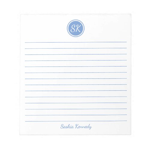 Simply Elegant Light Blue Lined Monogram Name Notepad