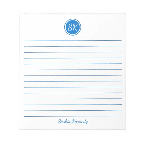 Simply Elegant Medium Blue Lined Monogram Name Notepad