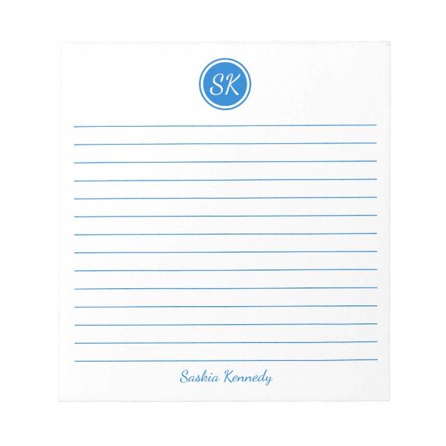 Simply Elegant Medium Blue Lined Monogram Name Notepad (Front)