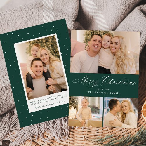 Simply Elegant Merry Christmas Green 4 Photo Holiday Card