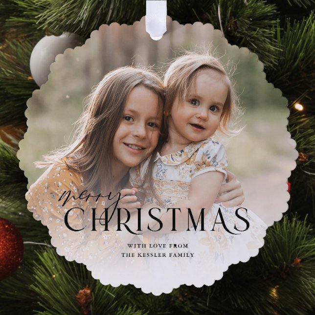 Simply Elegant Merry Christmas Photo | Black Ornament Card (Creator Uploaded)