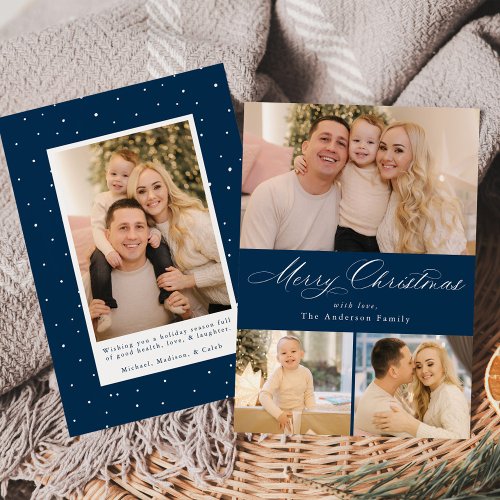 Simply Elegant Merry Christmas Script Navy 4 Photo Holiday Card