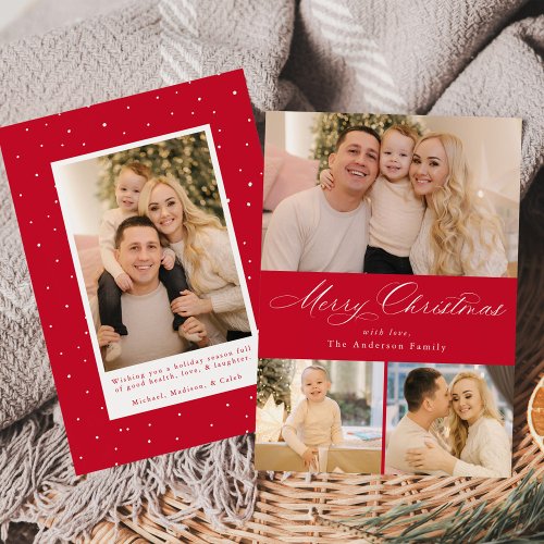 Simply Elegant Merry Christmas Script Red 4 Photo Holiday Card