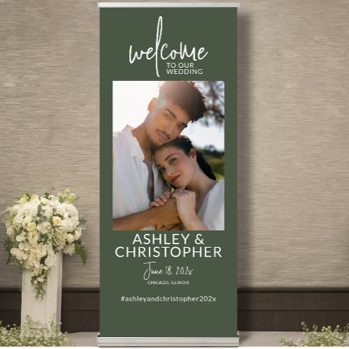 Simply Elegant Moss Green Photo Wedding Welcome Retractable Banner