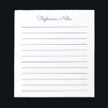 Simply Elegant Navy Blue Lined Personalized Notepad<br><div class="desc">Simple Elegant Navy Blue Lined Personalized Notepad These customizable notepads are simple for every day use or sending a formal note to someone from your home office or desk. You can also choose a variety of colors from our shop for your home office needs. Personalize these notepads with your name...</div>