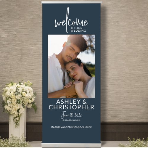Simply Elegant Navy Blue Photo Wedding Welcome Retractable Banner
