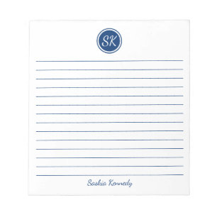 Simply Elegant Navy Lined Monogram Personalized Notepad