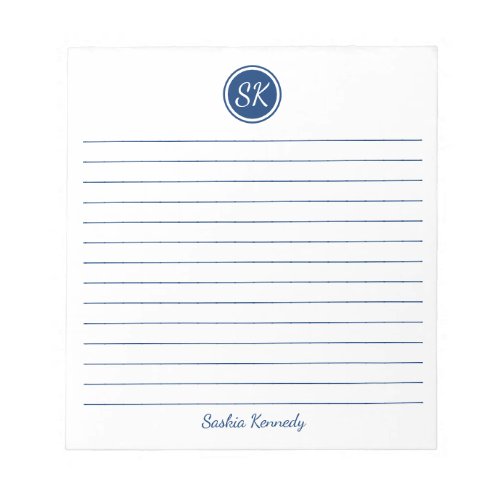 Simply Elegant Navy Lined Monogram Personalized Notepad