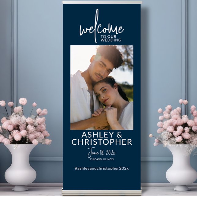 Simply Elegant Oxford Blue Photo Wedding Welcome Retractable Banner (Creator Uploaded)