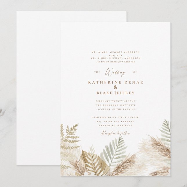 Simply Elegant Pampas & Gold White Invitation (Front/Back)
