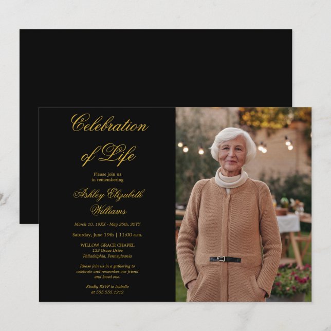 Simply Elegant Photo Black Celebration of Life Invitation (Front/Back)