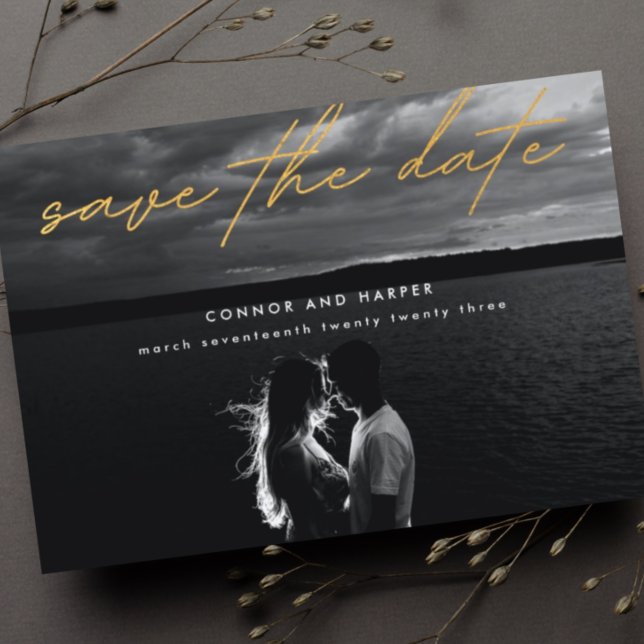 Simply Elegant Photo Gold White Save The Date Announcement Postcard (Creator Uploaded)