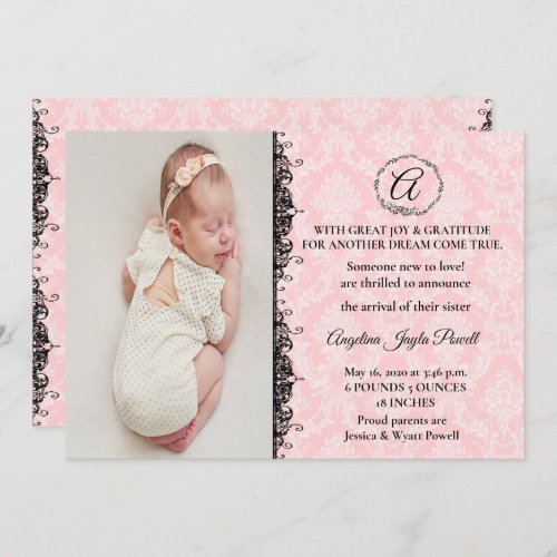 Simply Elegant Pink Damask Birth Announcement