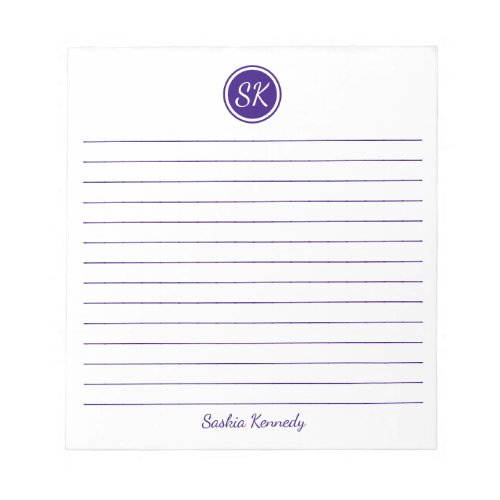 Simply Elegant Purple Lined Monogram Name Notepad