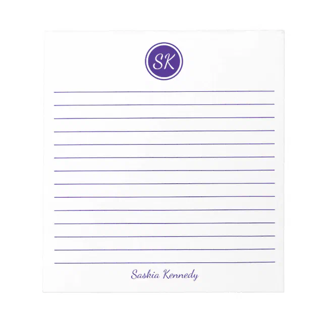Simply Elegant Purple Lined Monogram Name Notepad | Zazzle