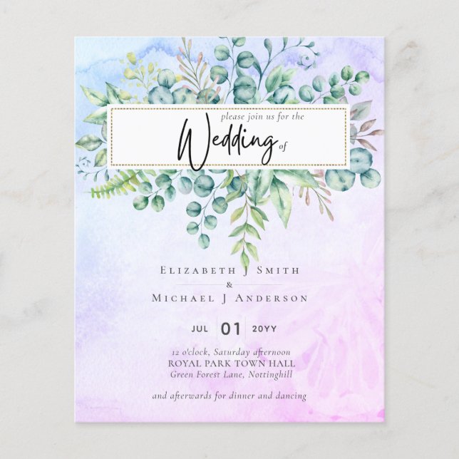 Simply Elegant PurpleBlue Eucalyptus BUDGET Invite Flyer (Front)