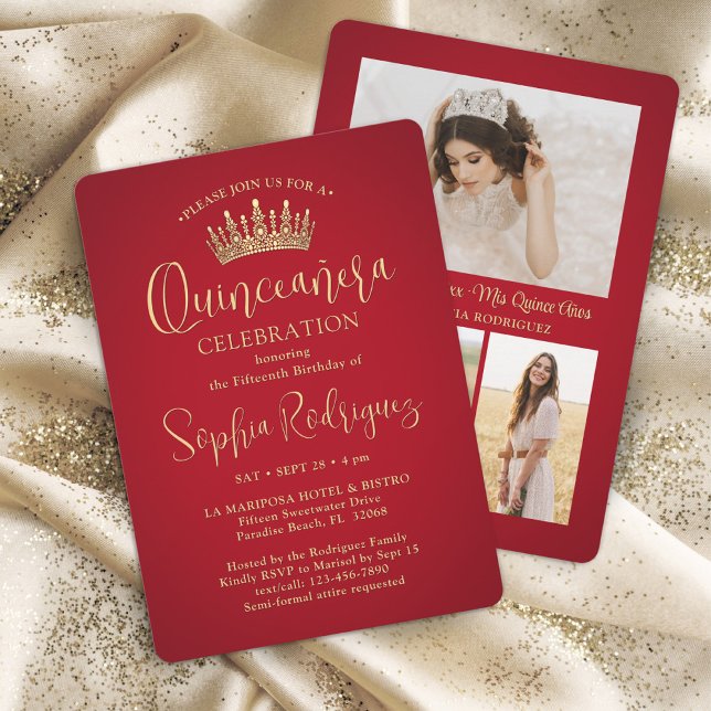 Simply Elegant Quinceañera 3 Photo Red and Gold Invitation (Creator Uploaded)