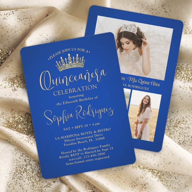 Simply Elegant Quinceañera 3 Photo Royal Blue Gold Invitation (Creator Uploaded)