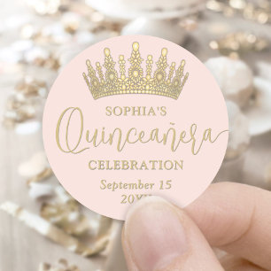 Simply Elegant Quinceañera Crown Blush Pink & Gold Classic Round Sticker
