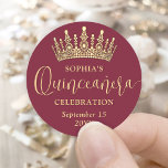 Simply Elegant Quinceañera Crown Burgundy and Gold Classic Round Sticker<br><div class="desc">Add a personalized touch to 15th birthday party invitations, favors, decorations, and thank you notes with elegant Quinceañera round stickers. All wording on this template is simple to customize for envelope seals or gift tags. The colors and font styles can be easily changed with the Zazzle Design Editor tool. The...</div>