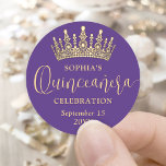 Simply Elegant Quinceañera Crown Purple and Gold Classic Round Sticker<br><div class="desc">Add a personalized touch to 15th birthday party invitations, favors, decorations, and thank you notes with elegant Quinceañera round stickers. All wording on this template is simple to customize for envelope seals or gift tags. The colors and font styles can be easily changed with the Zazzle Design Editor tool. The...</div>