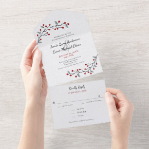 Simply Elegant Red Winter Berries Wedding All In One Invitation