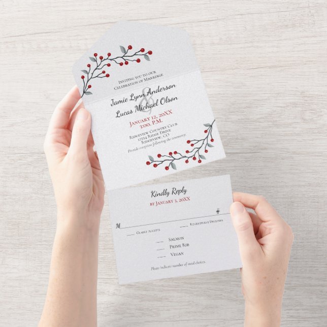 Simply Elegant Red Winter Berries Wedding  All In One Invitation (Tearaway)