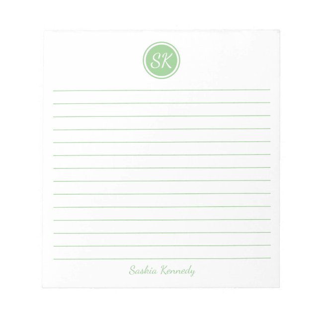 Simply Elegant Sage Green Lined Monogram Name Notepad (Front)