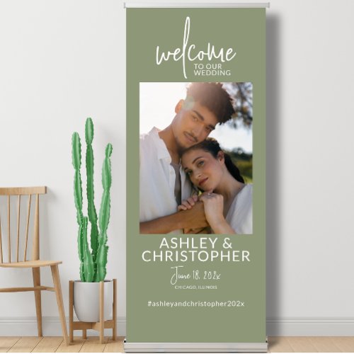 Simply Elegant Sage Green Photo Wedding Welcome Retractable Banner