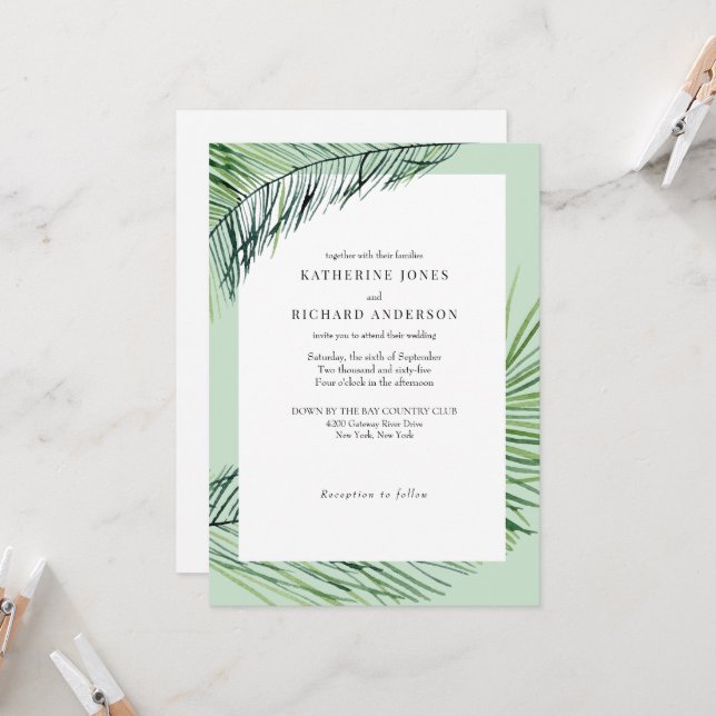 Simply Elegant Sage Tropical Palm Wedding Invitation (Front/Back In Situ)