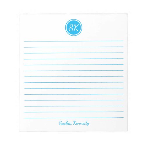 Simply Elegant Sky Blue Lined Monogram Name Notepad