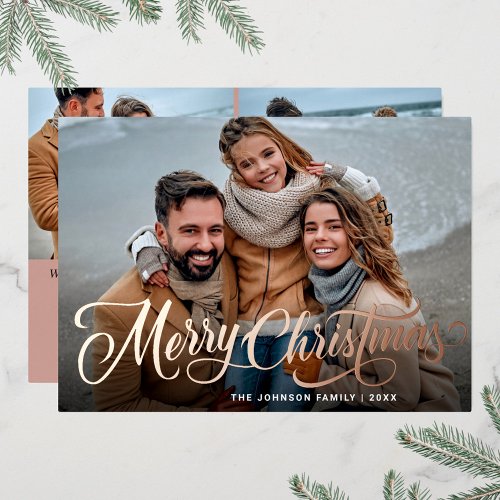 Simply Elegant Sparkle Christmas 3 PHOTO Rose Gold Foil Holiday Card