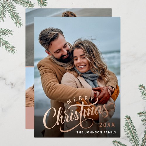 Simply Elegant Sparkle Christmas 4 PHOTO Rose Gold Foil Holiday Card