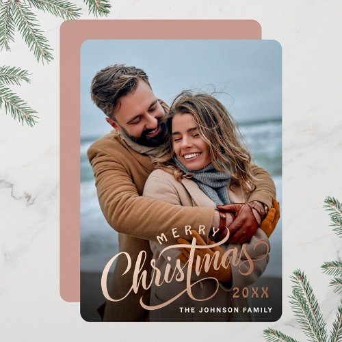 Simply Elegant Sparkle Christmas PHOTO Rose Gold Foil Holiday Card