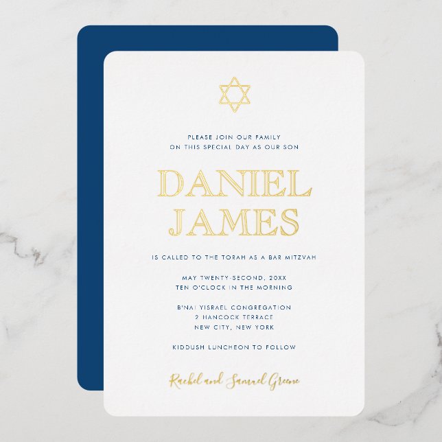 Simply Elegant Star of David Bar Mitzvah Real Gold Foil Invitation (Front/Back)