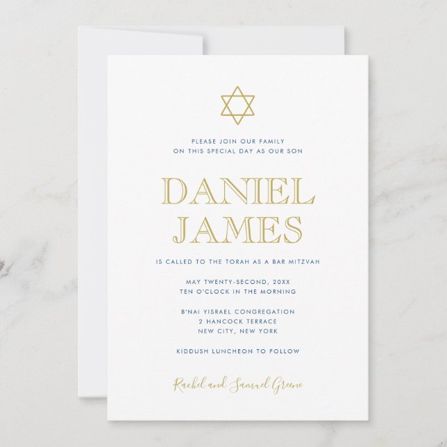 Simply Elegant Star, Text on Back, Bar Mitzvah Invitation (Front)