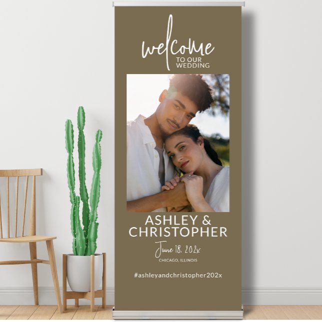 Simply Elegant Taupe Brown Photo Wedding Welcome Retractable Banner (Creator Uploaded)