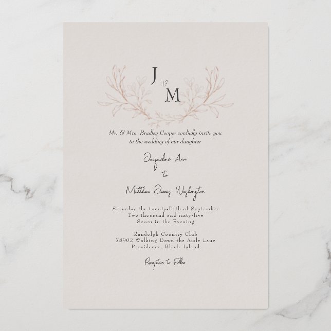 Simply Elegant Taupe Foliage Wedding Rose Gold Foil Invitation (Front)