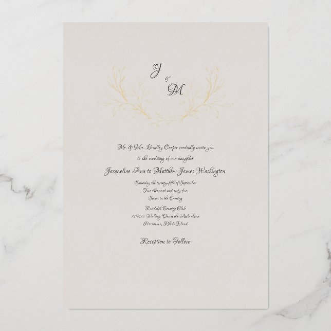 Simply Elegant Taupe & Gold Foil Foliage  Foil Inv Foil Invitation (Front)