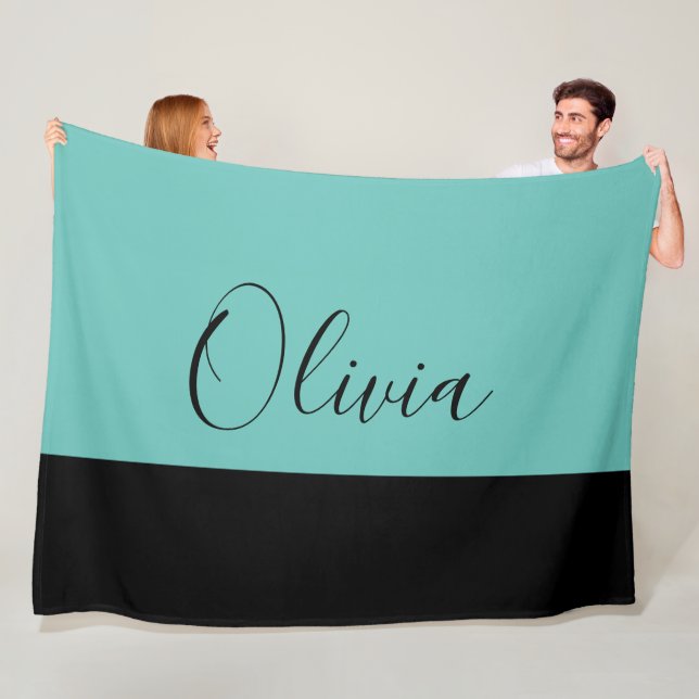Simply Elegant Teal With Black Trim Personalized Fleece Blanket (In Situ)