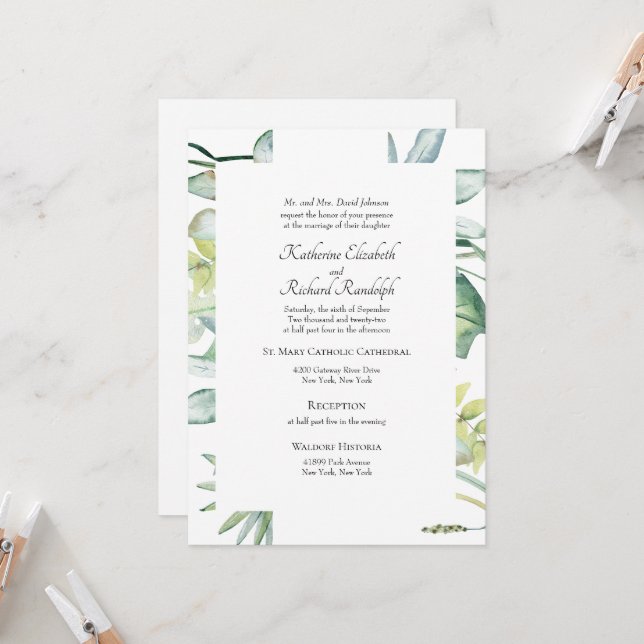 Simply Elegant Tropical Greenery Wedding Invitation (Front/Back In Situ)