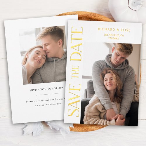Simply Elegant Typography Photo Save the Date Foil Invitation