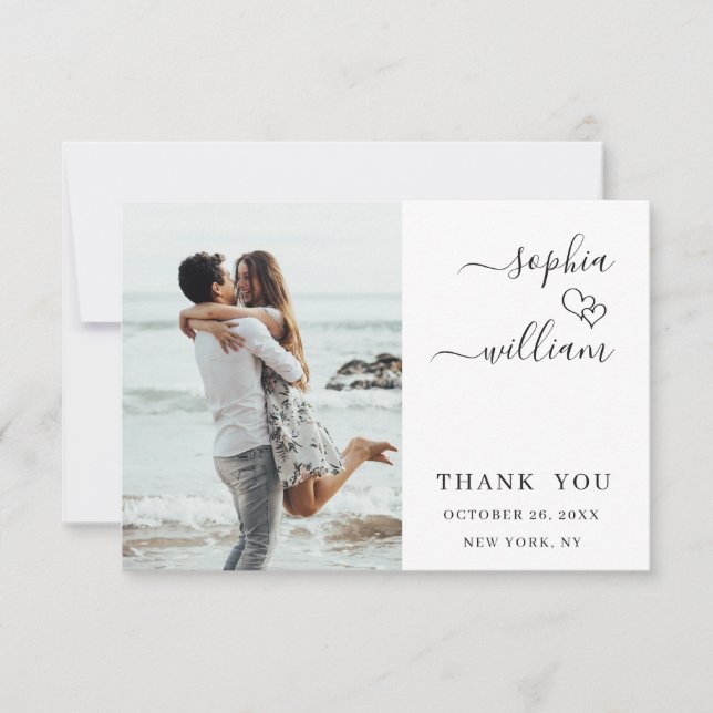 Simply Elegant Wedding Hearts Simple Photo Thank You Card (Front)