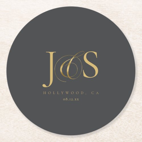 Simply Elegant Wedding Initials Charcoal ID1022 Round Paper Coaster