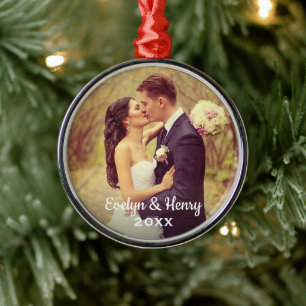 Simply Elegant Wedding Photo White Script Monogram Metal Ornament