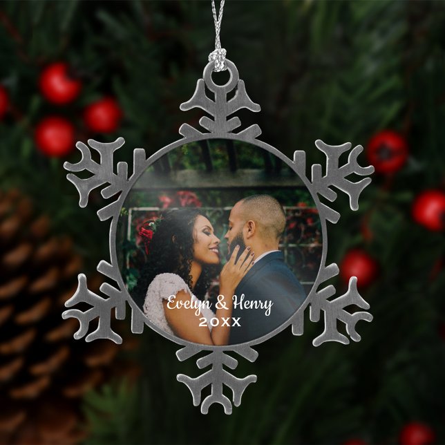 Simply Elegant Wedding Photo White Script Monogram Snowflake Pewter Christmas Ornament (Creator Uploaded)