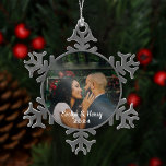Simply Elegant Wedding Photo White Script Monogram Snowflake Pewter Christmas Ornament<br><div class="desc">Personalized photo Christmas ornament keepsake for a newly engaged or newlywed married couple with custom text for names and the year.</div>