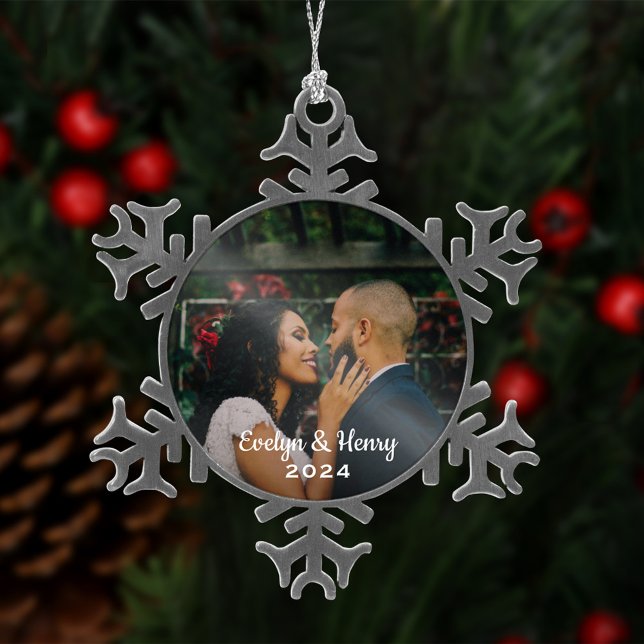 Simply Elegant Wedding Photo White Script Monogram Snowflake Pewter Christmas Ornament (Creator Uploaded)